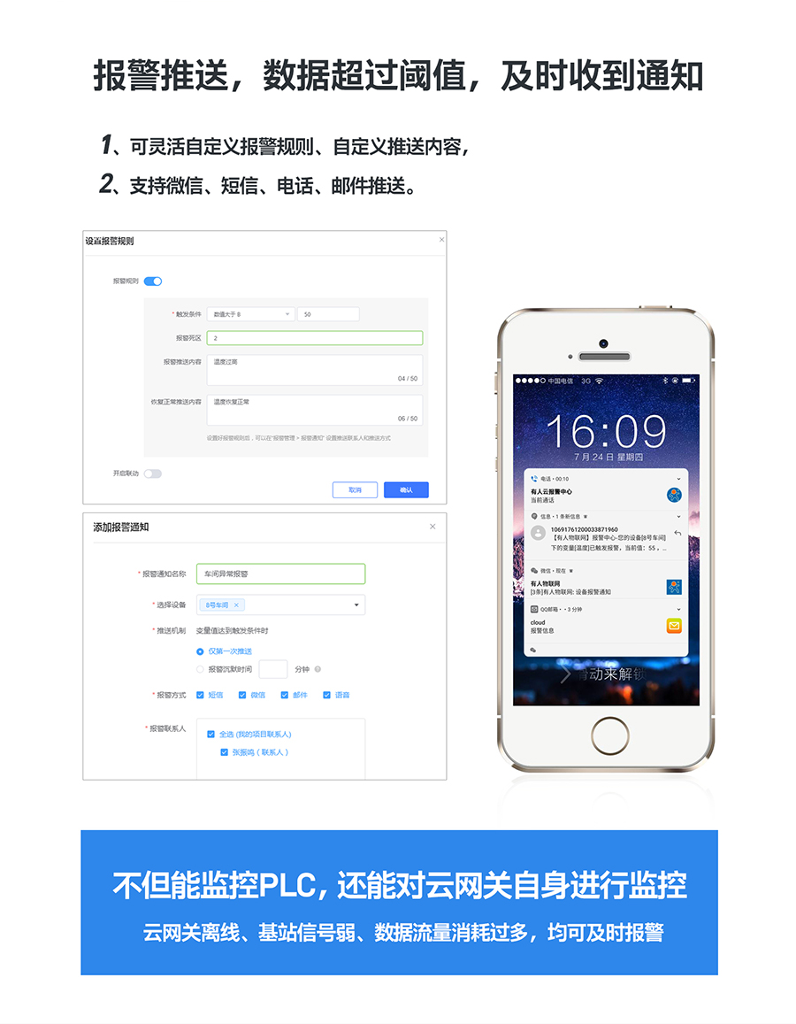 低成本PLC云网关：报警推送，数据超过阈值及时收到通知